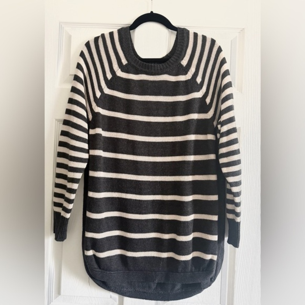 RDI Grey and Off White Striped Crew Neck Sweater